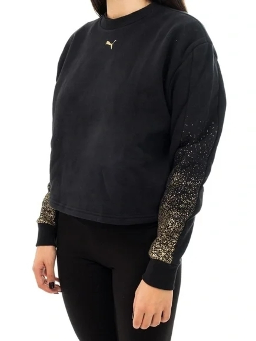 Cropped Puma Black Sweatshirt Gold Dust Sleeves Logo Baddie Sporty Metallic Soft
